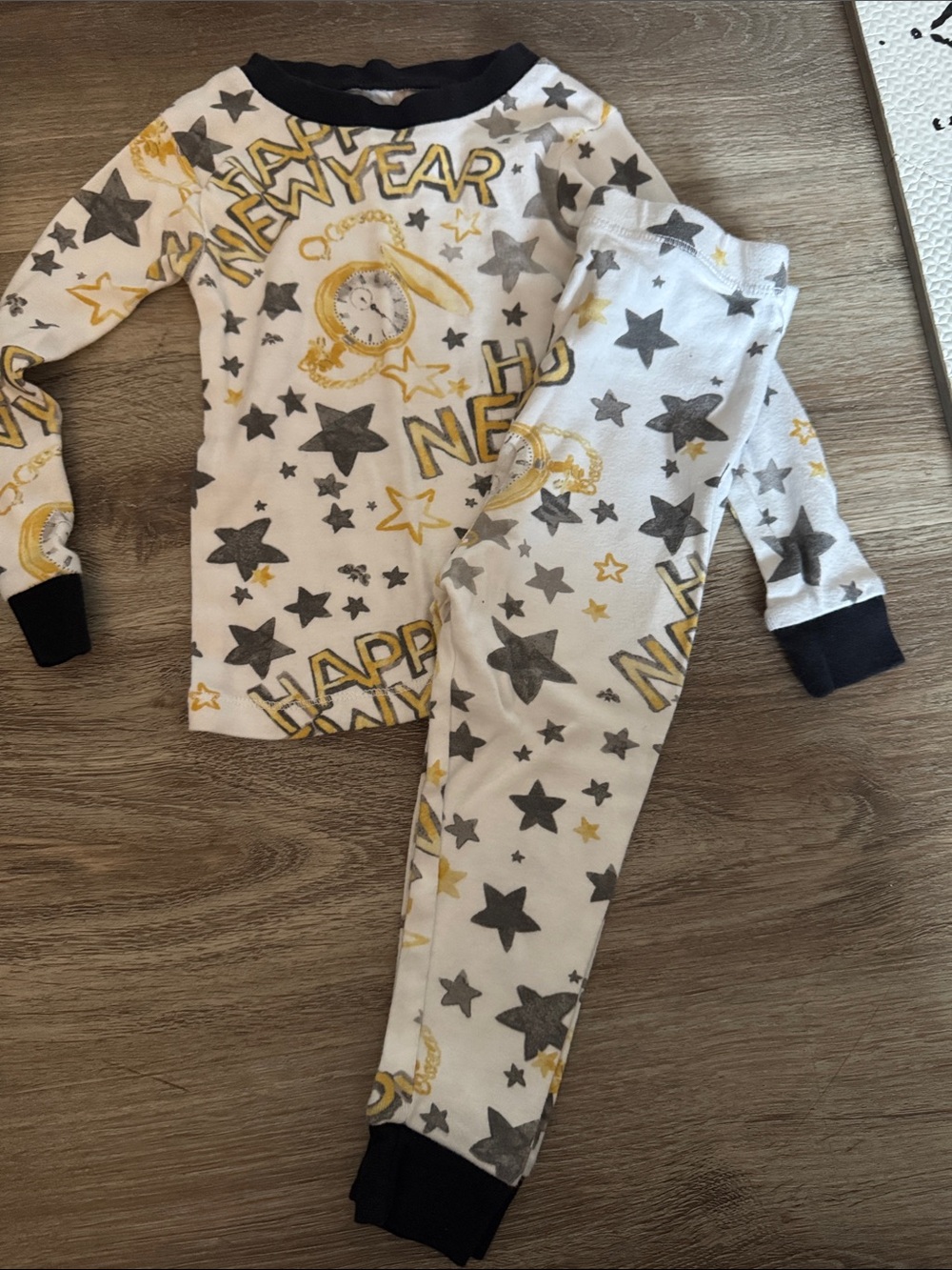 Kids New Year Star Print Pajama Set - White, Gray & Gold Accent